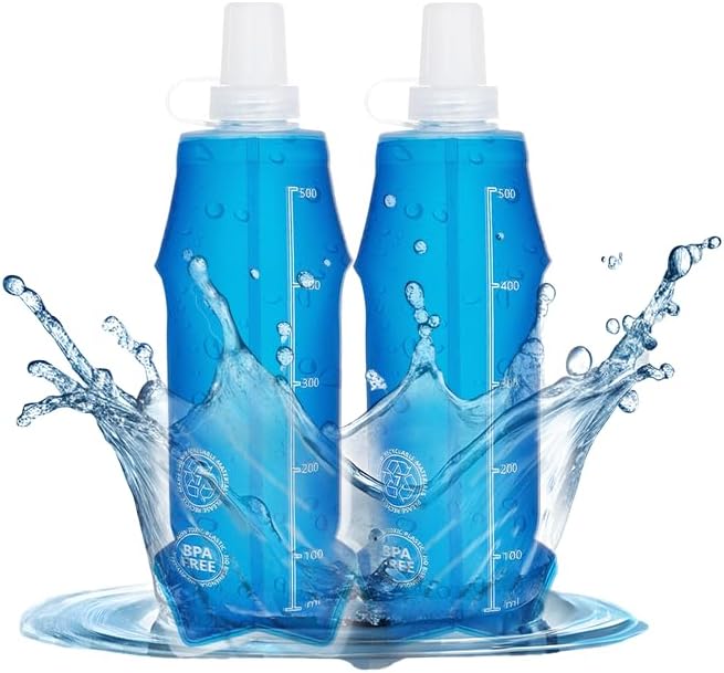 2 Pack Collapsible Water Bottle 500ml – BPA-Free Foldable Soft Flask for Running, Hiking, Cycling, Jogging, Trail Running, Marathon, Travel, Outdoor – Reusable Hydration Bottle for Backpack, Camping